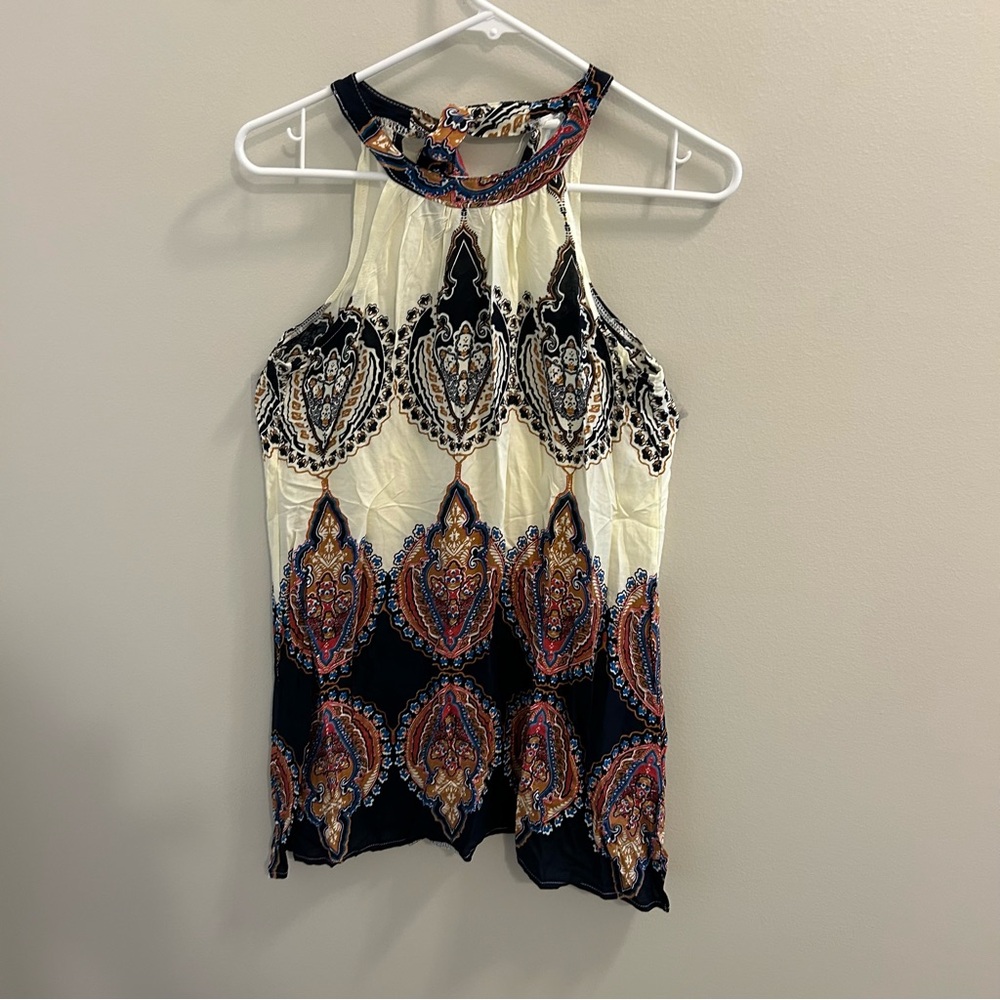 Elegant Cream and Blue Women's Halter Top Size Medium